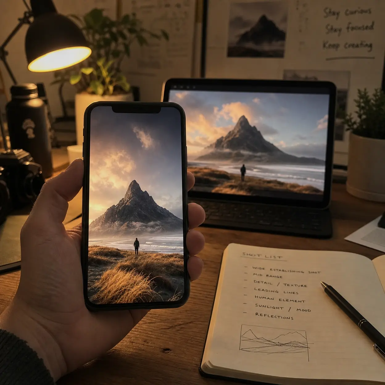 tiktok video size vertical rebuild example showing a landscape concept redesigned with tighter camera framing, elevated product placement, separate mobile scenes, clear hand movement, and native full-screen TikTok composition.