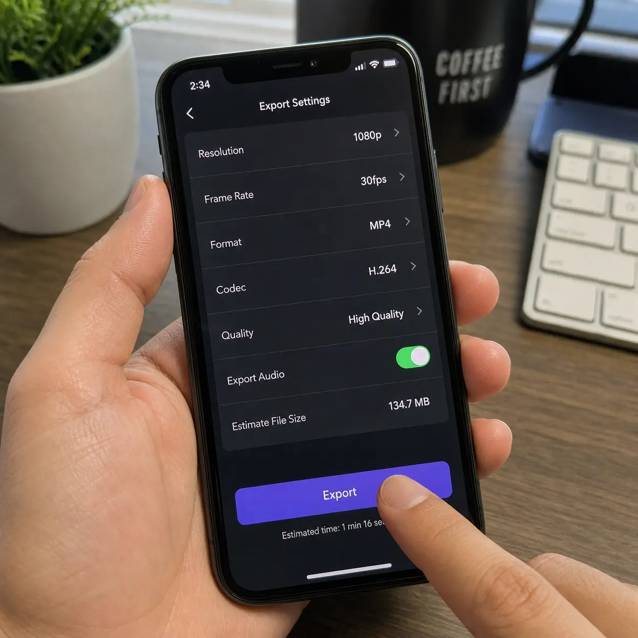tiktok video size export settings display showing an MP4 file, 1080 by 1920 resolution, H.264 encoding, one-pass rendering, crisp product textures, and a stable workflow before TikTok upload compression.